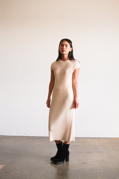 1960s Cream Ribbed Knit Midi Dress