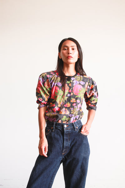 1980s Yves Saint Laurent Floral Motif Cotton Blouse