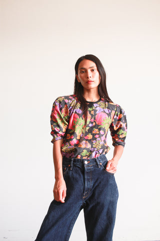 1980s Yves Saint Laurent Floral Motif Cotton Blouse