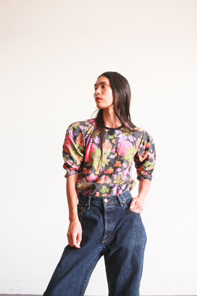 1980s Yves Saint Laurent Floral Motif Cotton Blouse