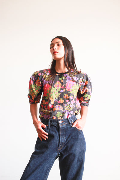 1980s Yves Saint Laurent Floral Motif Cotton Blouse
