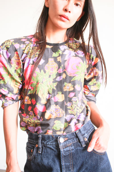 1980s Yves Saint Laurent Floral Motif Cotton Blouse