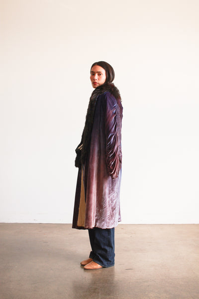 1920s Sapphire Fur Collar Silk Velvet Opera Coat