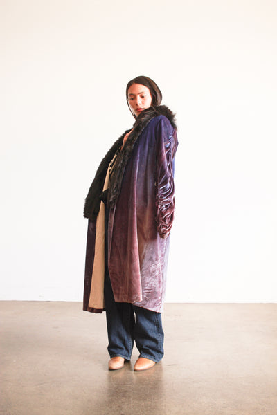 1920s Sapphire Fur Collar Silk Velvet Opera Coat