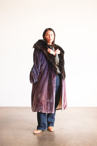 1920s Sapphire Fur Collar Silk Velvet Opera Coat