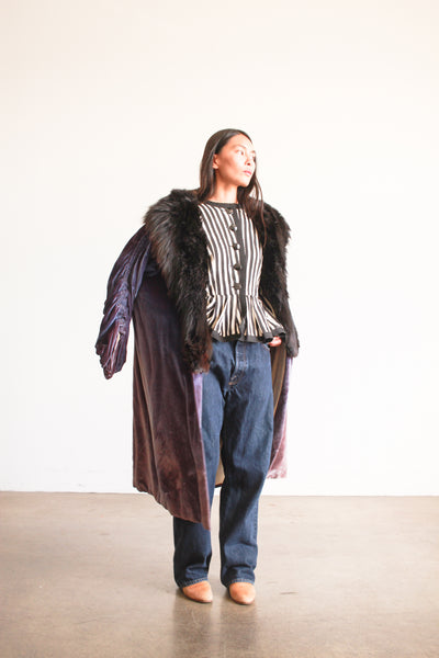 1920s Sapphire Fur Collar Silk Velvet Opera Coat