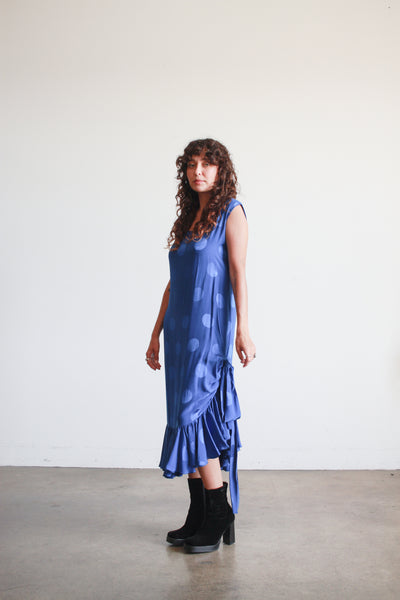 1970s Cobalt Silk Polka Dot Sheath Dress