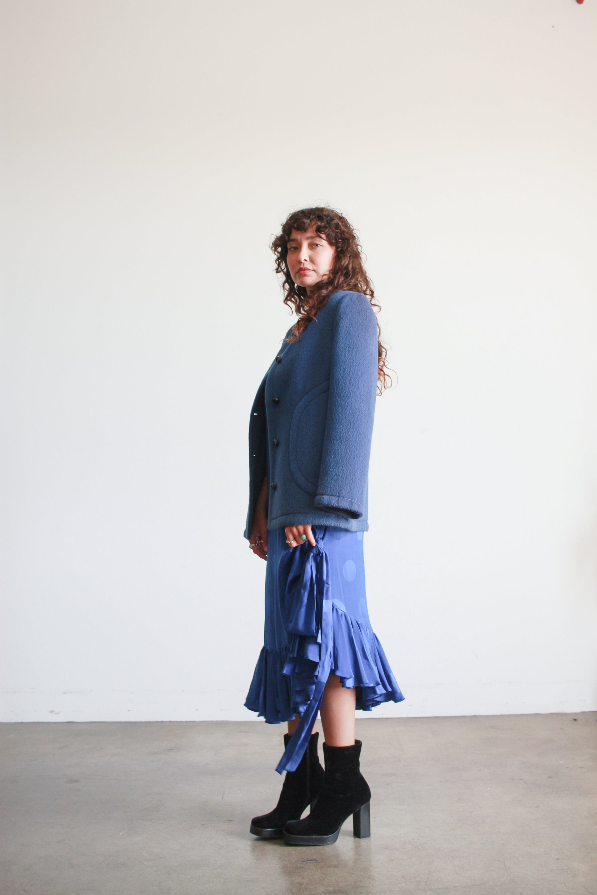 60〜70s vintage wool collarless jacket 1960s Blue Wool Collarless Jacket – Blossom Vintage