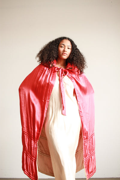 1920s Cherry Red Satin Opera Coat