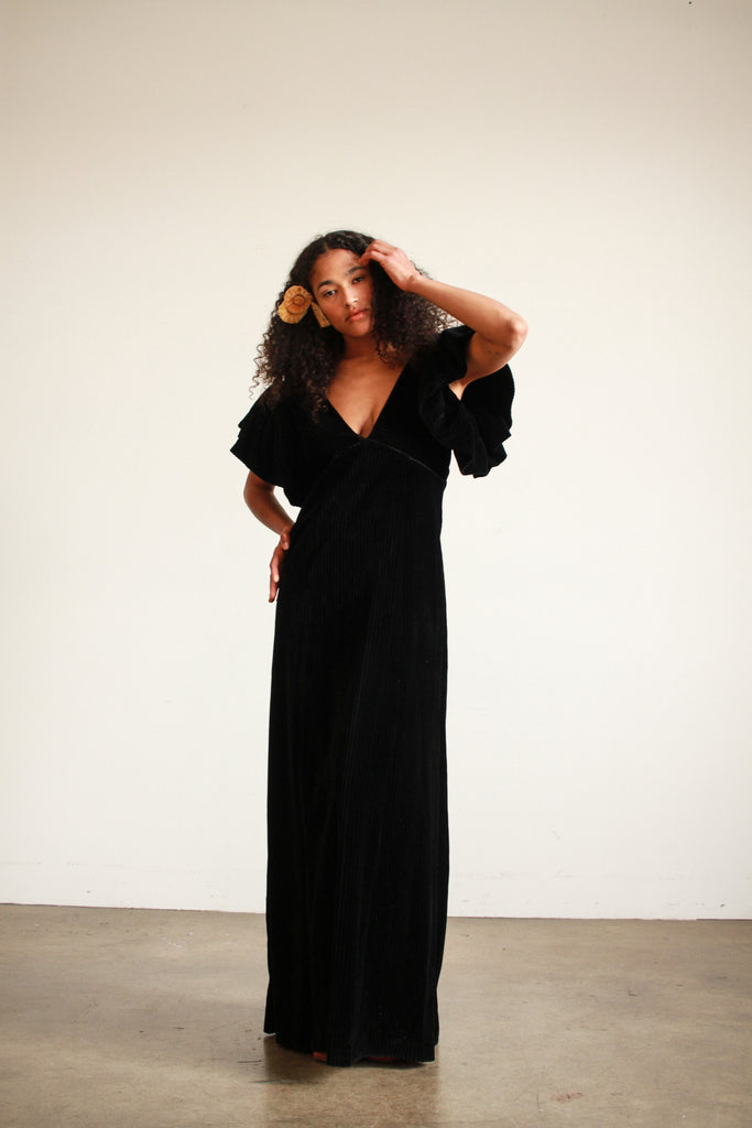 1940s Black Corduroy Plunge Flutter Sleeve Dress Blossom Vintage 1940s Black Corduroy Plunge Flutter Sleeve Dress Blossom Vintage