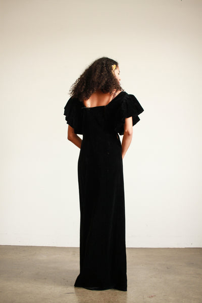 1940s Black Corduroy Plunge Flutter Sleeve Dress