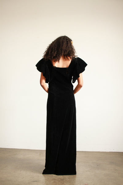 1940s Black Corduroy Plunge Flutter Sleeve Dress