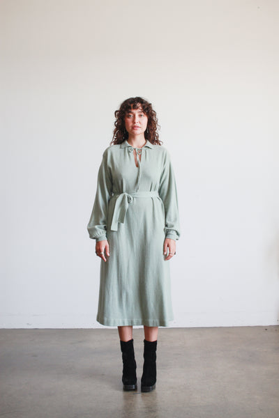 1970s I. Magnin Robins Egg Blue Cashmere Tie Neck Dress