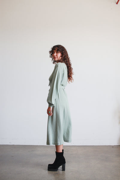1970s I. Magnin Robins Egg Blue Cashmere Tie Neck Dress