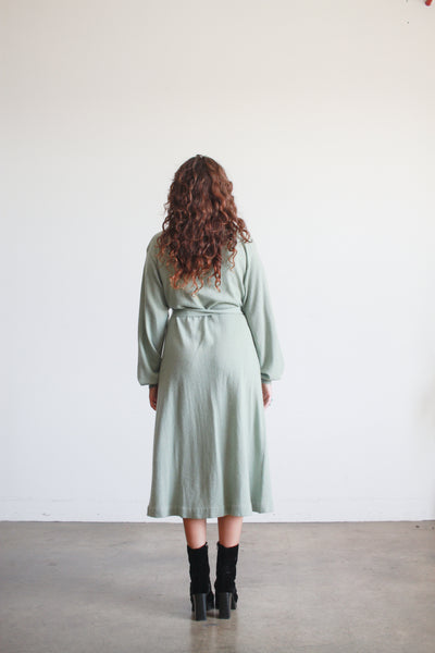 1970s I. Magnin Robins Egg Blue Cashmere Tie Neck Dress