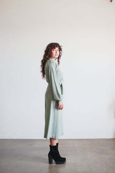 1970s I. Magnin Robins Egg Blue Cashmere Tie Neck Dress