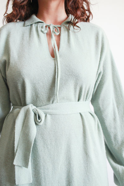 1970s I. Magnin Robins Egg Blue Cashmere Tie Neck Dress