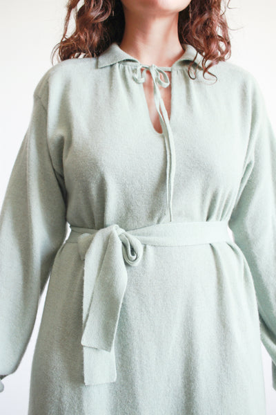 1970s I. Magnin Robins Egg Blue Cashmere Tie Neck Dress