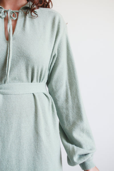 1970s I. Magnin Robins Egg Blue Cashmere Tie Neck Dress