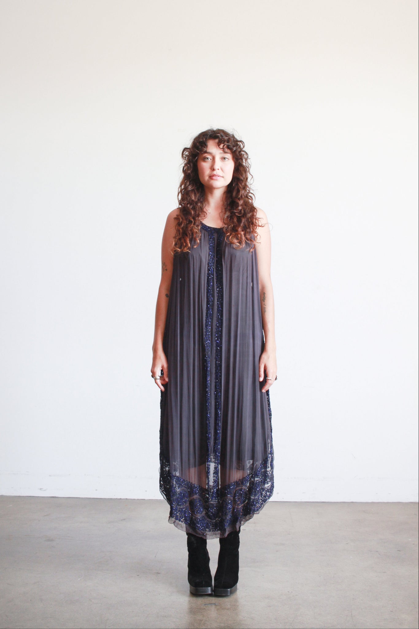 1920s Blue Gray Beaded Silk Tunic Dress