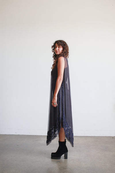 1920s Blue Gray Beaded Silk Tunic Dress