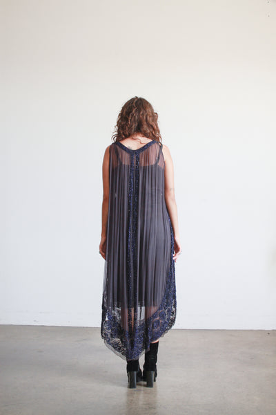 1920s Blue Gray Beaded Silk Tunic Dress