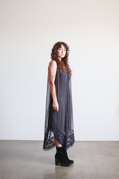 1920s Blue Gray Beaded Silk Tunic Dress