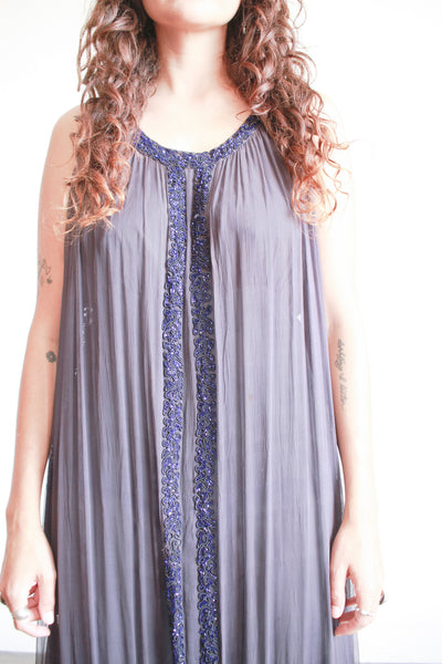 1920s Blue Gray Beaded Silk Tunic Dress