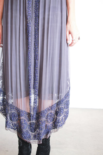 1920s Blue Gray Beaded Silk Tunic Dress