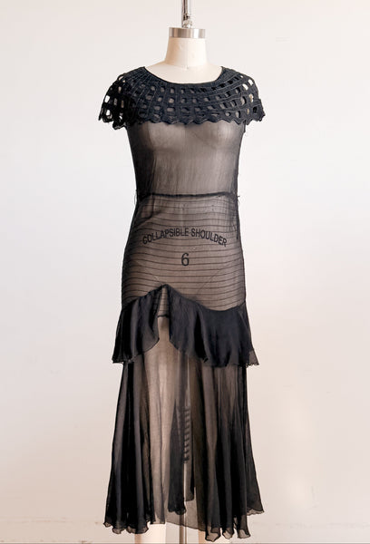 1930s Black Sheer Chiffon Tiered Gown