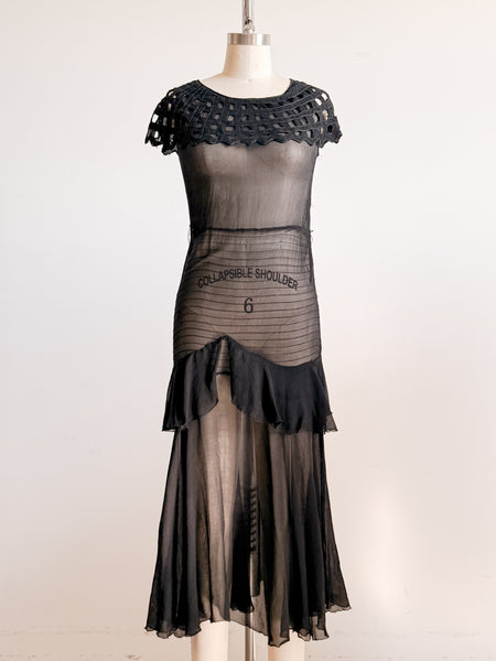 1930s Black Sheer Chiffon Tiered Gown