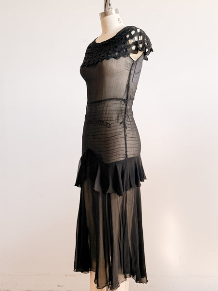 1930s Black Sheer Chiffon Tiered Gown