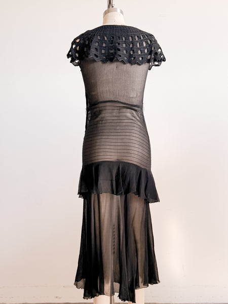 1930s Black Sheer Chiffon Tiered Gown