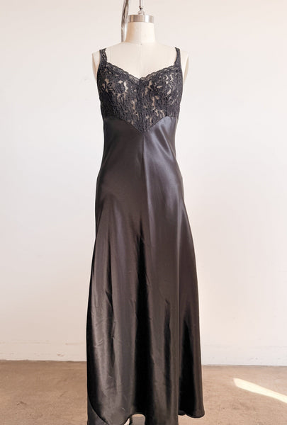 1980s Black Lace Bodice Satin Silk Slip Dress