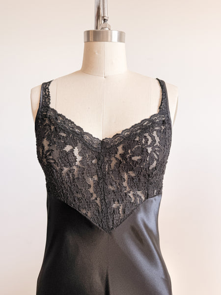1980s Black Lace Bodice Satin Silk Slip Dress