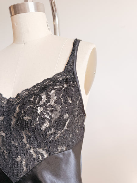 1980s Black Lace Bodice Satin Silk Slip Dress