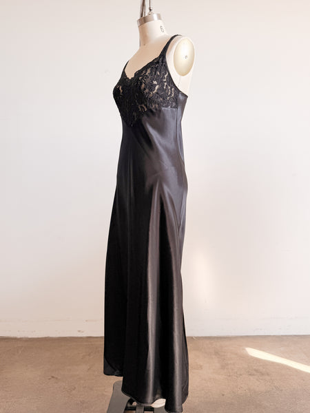 1980s Black Lace Bodice Satin Silk Slip Dress