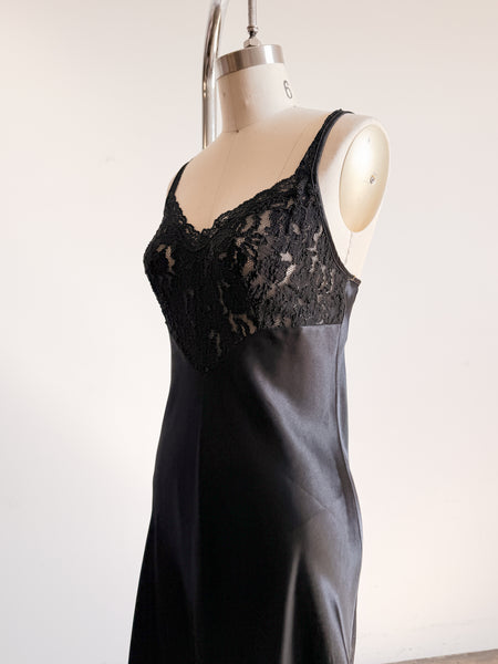 1980s Black Lace Bodice Satin Silk Slip Dress