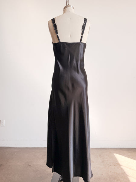 1980s Black Lace Bodice Satin Silk Slip Dress