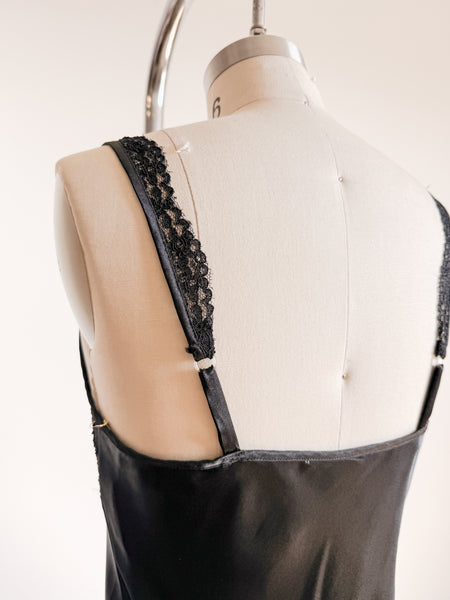 1980s Black Lace Bodice Satin Silk Slip Dress
