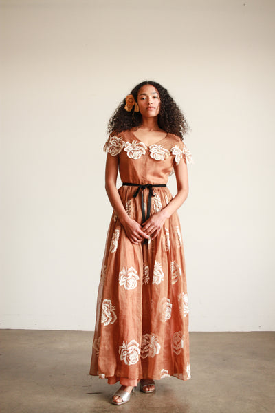 1950s Bronze Shawl Collar Rose Motif Gown