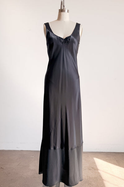 1990s Black Satin Butterfly Embroidered Nightgown