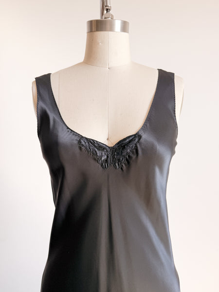 1990s Black Satin Butterfly Embroidered Nightgown