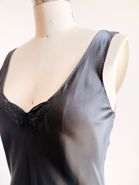 1990s Black Satin Butterfly Embroidered Nightgown