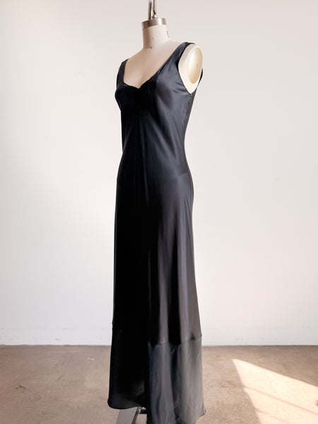 1990s Black Satin Butterfly Embroidered Nightgown