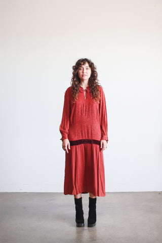 1930s Deep Red Crepe Damask Long Sleeve Dress
