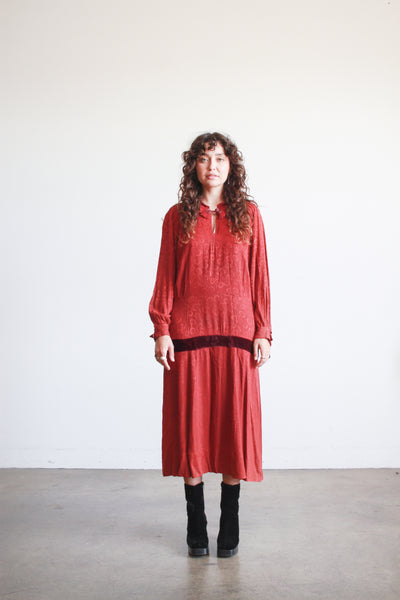 1930s Deep Red Crepe Damask Long Sleeve Dress