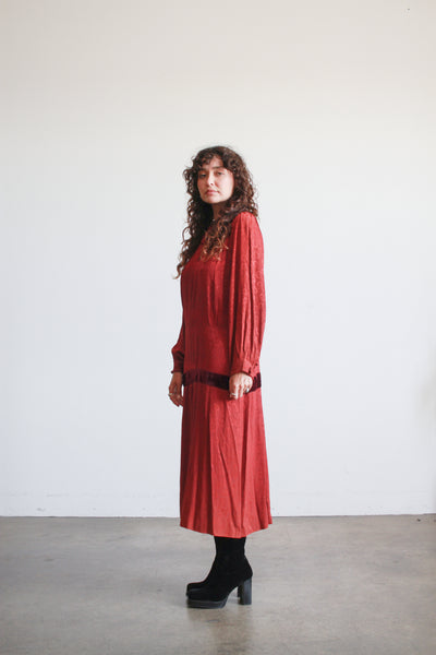 1930s Deep Red Crepe Damask Long Sleeve Dress
