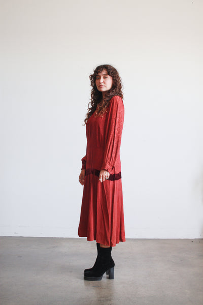 1930s Deep Red Crepe Damask Long Sleeve Dress