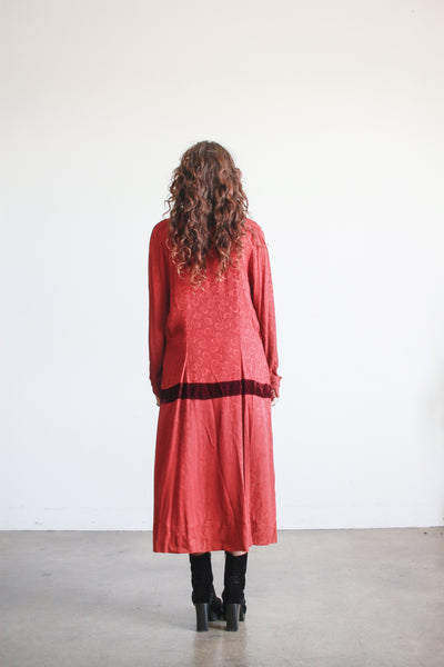 1930s Deep Red Crepe Damask Long Sleeve Dress